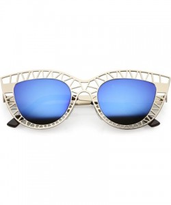 Cat Eye Unique Laser Cut Out Color Mirrored Lens Cat Eye Sunglasses 48mm - Matte Gold / Blue Mirror - CW188K043NN $10.26