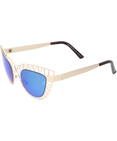 Cat Eye Unique Laser Cut Out Color Mirrored Lens Cat Eye Sunglasses 48mm - Matte Gold / Blue Mirror - CW188K043NN $10.26