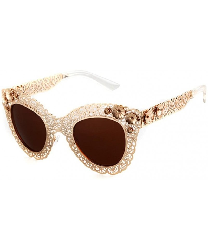 Round Women Pierced Sunglasses Carving Metal Flower Frame Fashion UV400 Mother's Day - Brown - CN18DUHIT44 $18.29