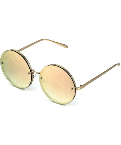 Womens Oversize Rimless Slim Arms Pink Mirrored Round Sunglasses - Gold ...