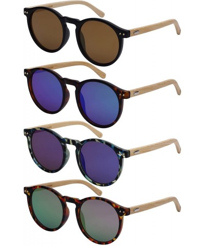 Round Round Horn Rimed Bamboo Sunglasses Wood Women Mirrored Lens 541006BM-FLREV - C318HEX5SU5 $19.93