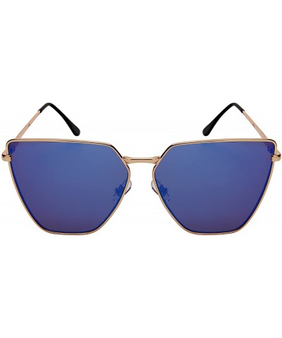 Oversized Oversized Cat Eye Flat Lens Sunnies Spring Hinge W/Fiber Case M3158S - Gold/Blue Mirrored Lens - CK187ITO70I $10.23