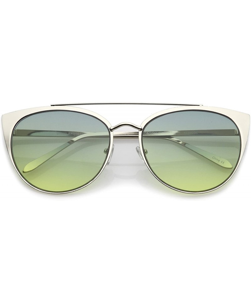 Round Women's Oversize Metal Crossbar Colored Flat Lens Cat Eye Sunglasses 61mm - Shiny Silver / Green-yellow - C417YUX6U2S $...