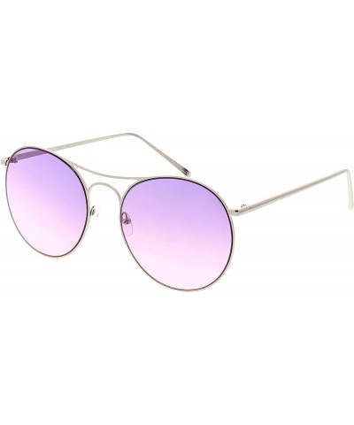 Round Oversize Metal Double Nose Bridge Round Gradient Flat Lens Aviator Sunglasses 65mm - Silver / Purple Pink - CN183X525G7...