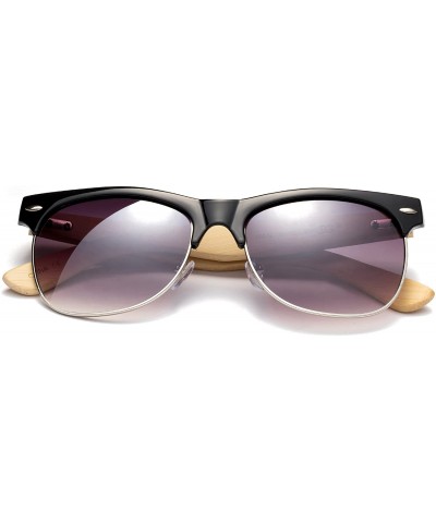 Round "Helix" Vintage Design Fashion Sunglasses Real Bamboo - Black/Silver/Light Bamboo - CA12M1OD4OX $11.32