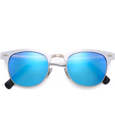 Square Vintage Polarized Sunglasses for Women Men Semi Rimless Metal Shades - Silver / Polarized Blue - CS18M673NW6 $11.70