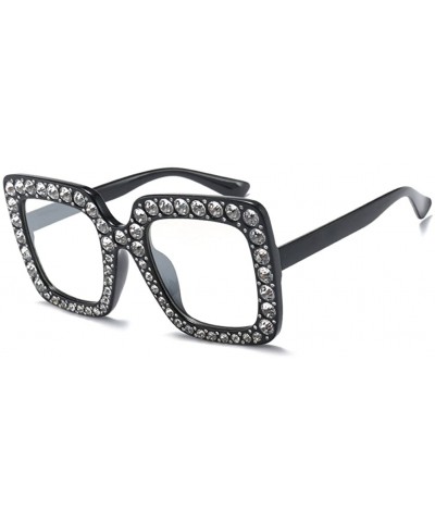 Round Women Rhinestone Sunglasses Oversized Square Gradient Lens - Clear Lens - CB189MX04WM $12.11