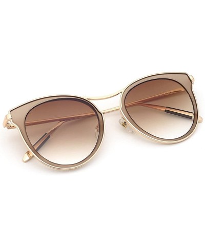 Round Gold-plated Womens Sunglasses Cat Eye Mirrored Metal Frame Flat Lenses - E - CS182IO5DT9 $15.59