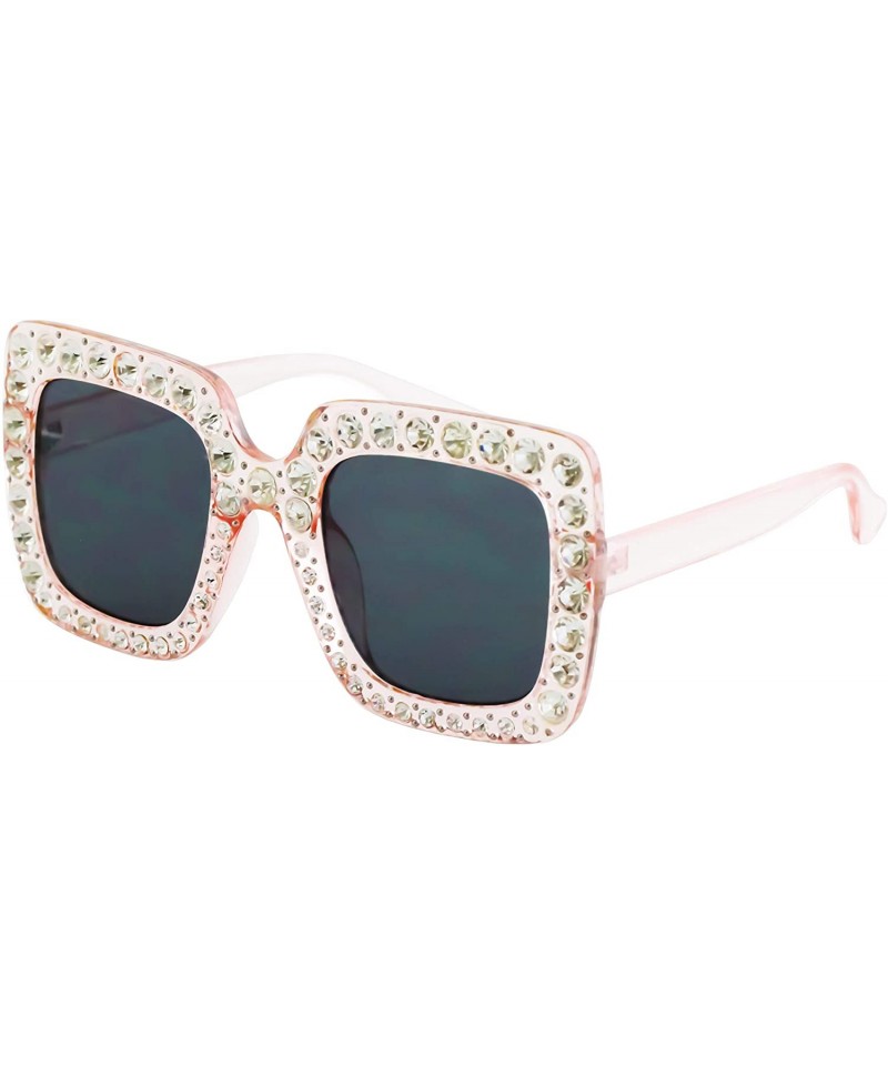 Oversized Oversized Square Frame Bling Rhinestone Crystal Brand Designer Sunglasses For Women 2018 - Pink Black Lens - CE18X2...