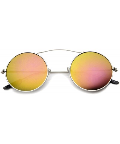 Round Retro Metal Curved Brow Bar Slim Temple Colored Mirror Lens Round Sunglasses 42mm - Silver / Pink - CJ124SH6FMT $9.51