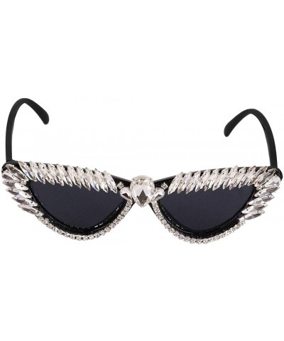 Square Vintage Cat Eye Diamond Crystal Sunglasses for Women Oversized Plastic Frame - Black D - CY18WIKDTEA $15.29