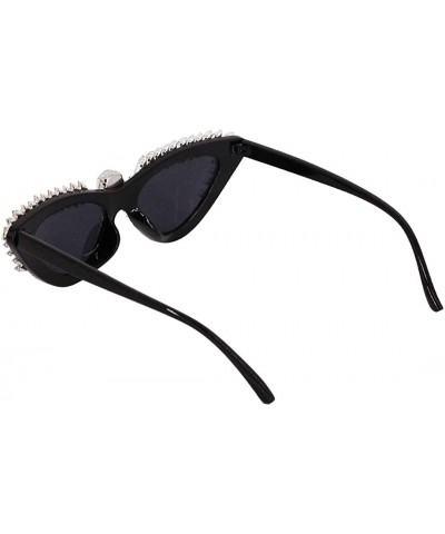 Square Vintage Cat Eye Diamond Crystal Sunglasses for Women Oversized Plastic Frame - Black D - CY18WIKDTEA $15.29