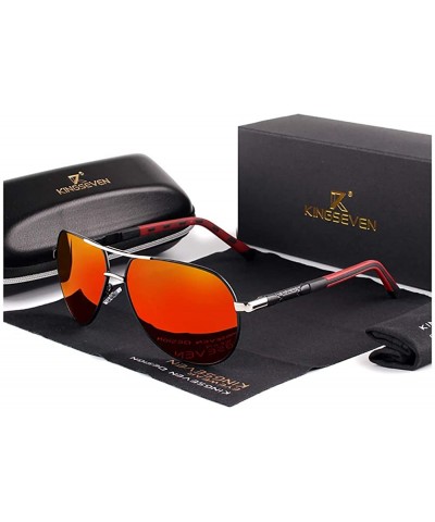 Round Genuine aviator sunglasses men fashion polarized UV400 ultra light Al-Mg - Silver/Red - CE18S7EN5HR $32.88