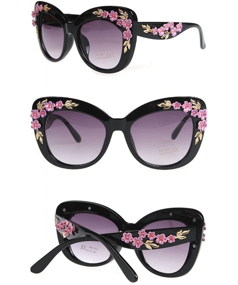 Round Women's Floral Stud Embellished Party Oversized Butterfly Sunglasses - Black - CS187QSH62H $20.13