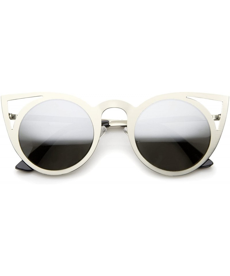 Round Womens Fashion Round Metal Cut-Out Flash Mirror Lens Cat Eye Sunglasses - Silver / Silver Mirror - CB12GXUE62Z $11.05