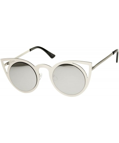 Round Womens Fashion Round Metal Cut-Out Flash Mirror Lens Cat Eye Sunglasses - Silver / Silver Mirror - CB12GXUE62Z $11.05