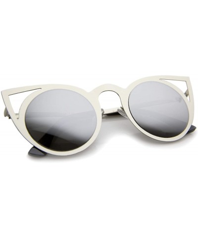 Round Womens Fashion Round Metal Cut-Out Flash Mirror Lens Cat Eye Sunglasses - Silver / Silver Mirror - CB12GXUE62Z $11.05