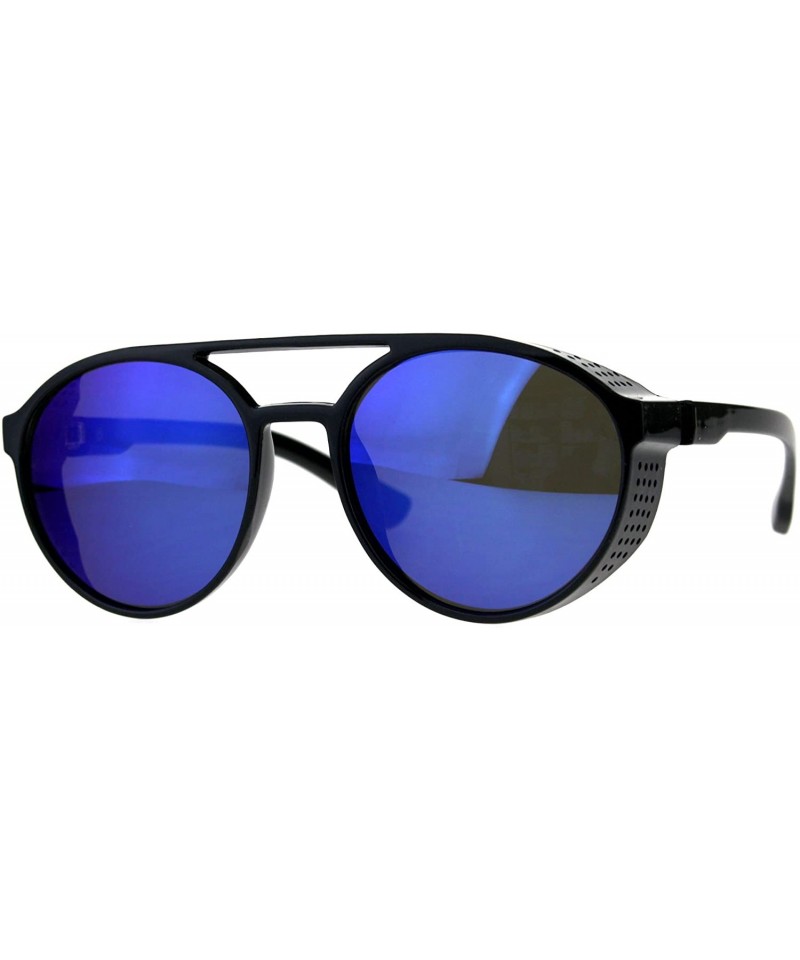 Round Mens Mirror Lens Side Visor Plastic Cafe Racer Round Sunglasses - Black Blue - CA18CMNHS28 $13.31