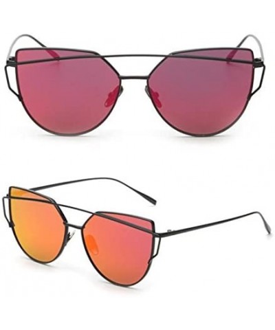 Cat Eye Women Fashion Twin-Beams Classic Metal Frame Mirror Cat Eye Sunglasses - Red - C918GWZLRX6 $8.83