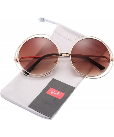 Square Women's Double Circle Metal Wire Frame Oversized Round Sunglasses - Brown - CM12ODJH27P $13.18