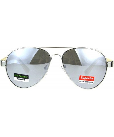 Aviator Real Bamboo Wood Temple Sunglasses Unisex Aviator Mirror Lens UV 400 - Silver (Silver Mirror) - C118D2YZKWN $11.04