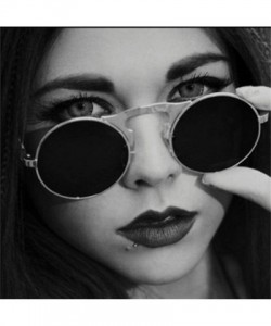 Rectangular Sunglasses Round Metal Women Style Retro Flip Circular Double Metal Sun Glasses - Silver Black - CC194OUME38 $18.76