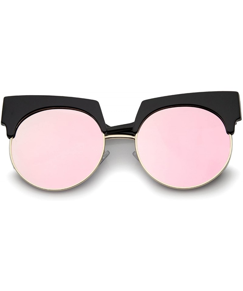 Cat Eye Bold Wide Temple Colored Mirror Round Lens Half-Frame Cat Eye Sunglasses 57mm - Black-gold / Pink Mirror - CF12MAHTZ2...