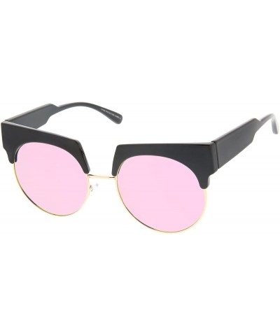 Cat Eye Bold Wide Temple Colored Mirror Round Lens Half-Frame Cat Eye Sunglasses 57mm - Black-gold / Pink Mirror - CF12MAHTZ2...