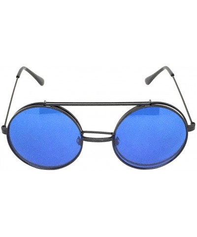 Goggle Flip Up Steampunk Metal Django Sunglasses - Black- Blue - C8180IO4OQW $11.94