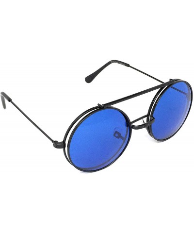 Goggle Flip Up Steampunk Metal Django Sunglasses - Black- Blue - C8180IO4OQW $11.94