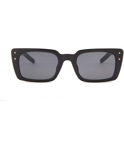 Square Retro Vintage Square Women Sunglasses Small Plastic Frame with Rivet - Glossy Black Frame/Grey Lens With Rivets - CD18...